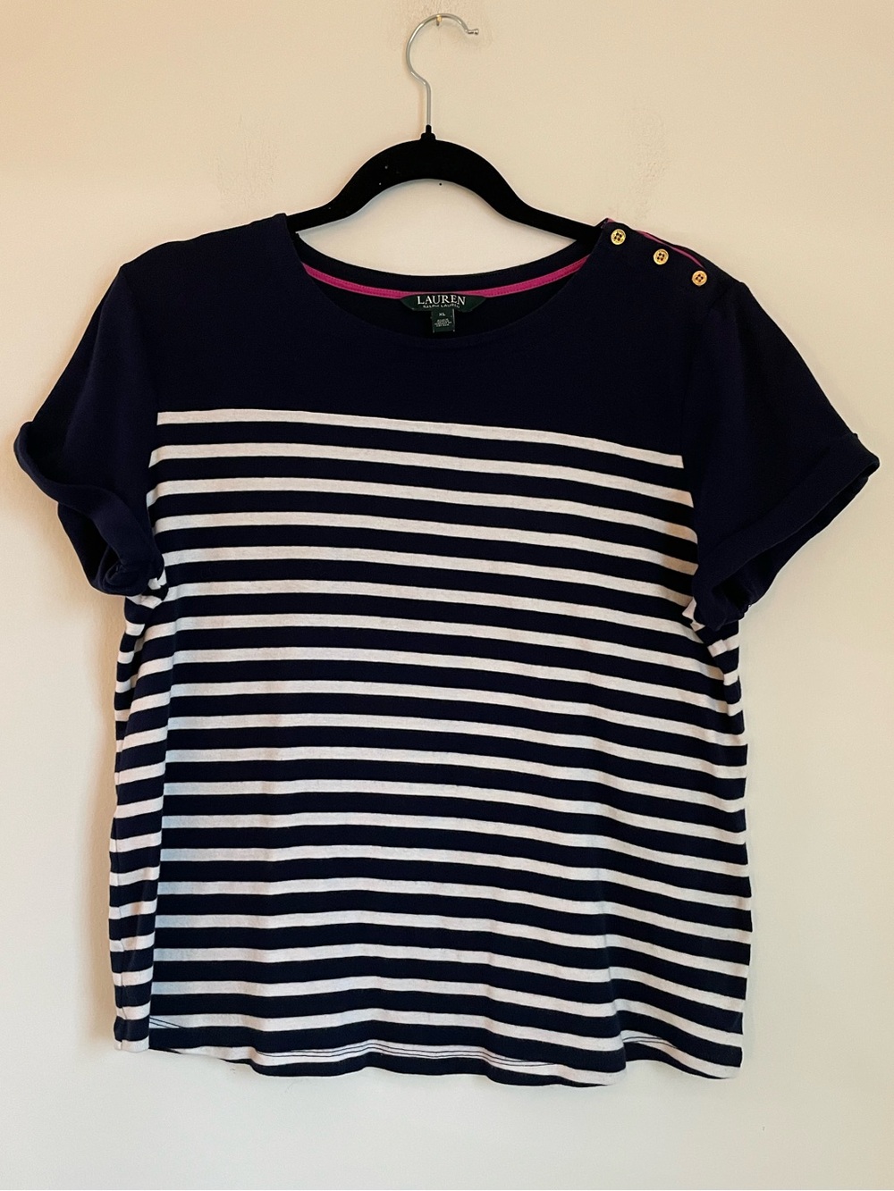 Lauren Ralph Lauren Navy and White Striped Top Button Accent Size XL Preppy